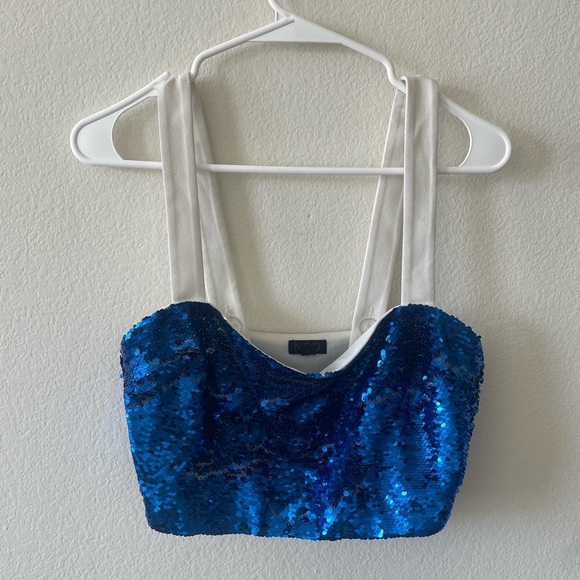 NBD Tops - NBD blue cropped sequin sweetheart line tank top with adjustable strap